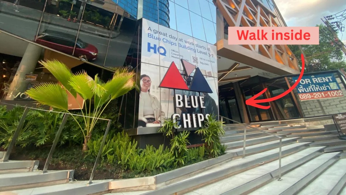 Blue Chips Building on Soi Thong Lo 10, with the entrance up the steps to the right of the sign