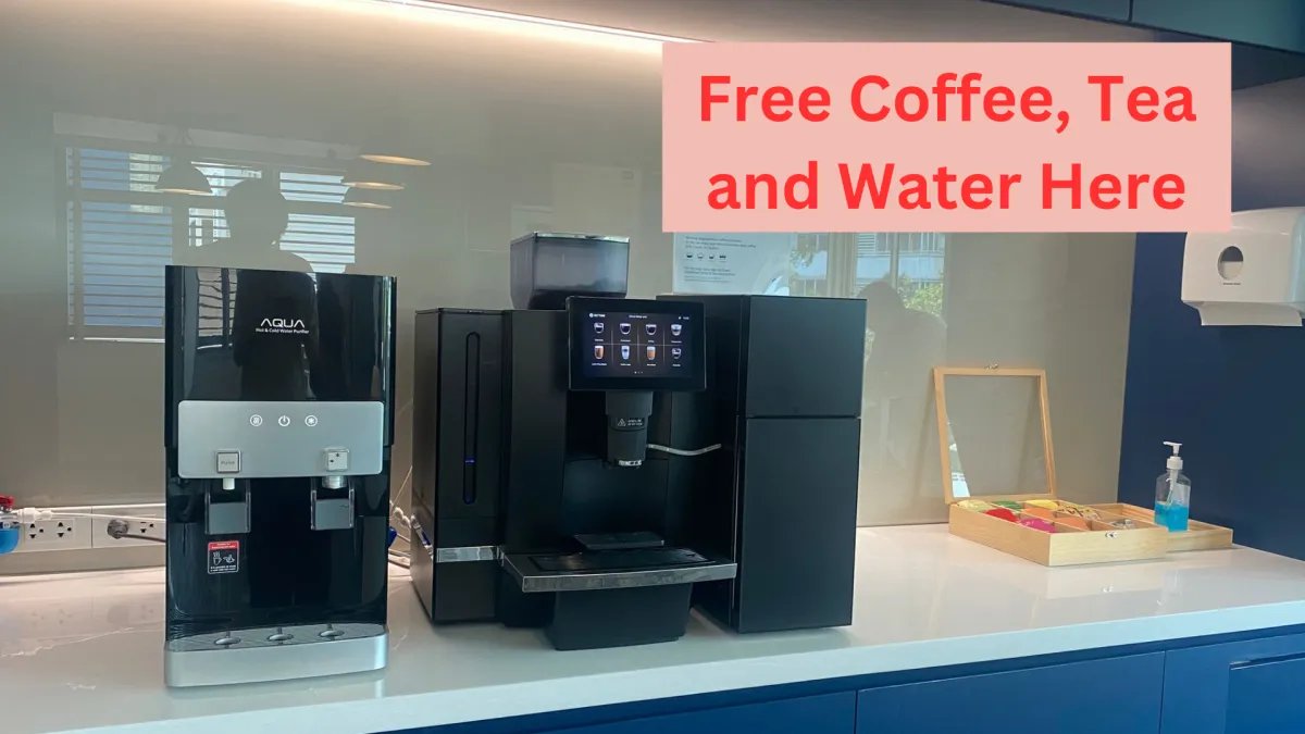 A coffee machine and water dispenser on a counter in the HQ lounge